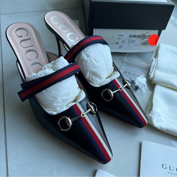 GUCCI Women's Signature Web Strap Horsebit High-Heel Leather Mules Black 39 NEW - Picture 8 of 14
